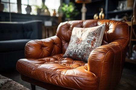 Home interior, close-up of a leather brown chair with a pillow.の素材