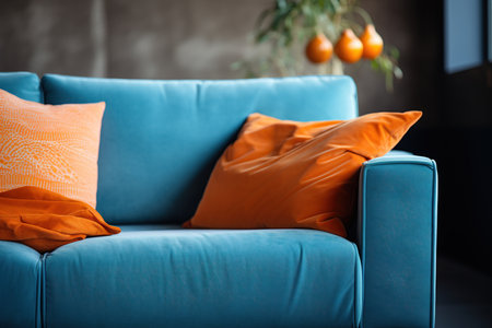 Blue sofa with orange pillows, living room interior.の素材