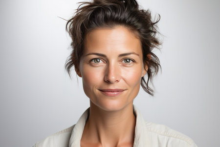Female portrait, positive pretty middle-aged woman in a white blouse standing on a gray background and looking at the camera.の素材