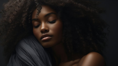 Femininity, female harmony. Calm beautiful young African American woman with closed eyes hugging herself.の素材