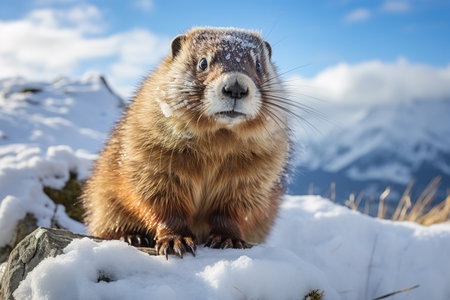 Funny animal marmot outdoors on a winter snowy day.の素材