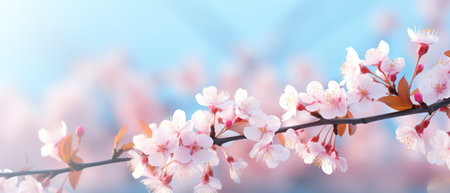 Spring time banner, blooming pink branch with flowers on a sunny day.の素材