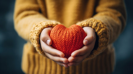 Caucasian children's hands showing a red knitted heart, close-up. Symbol of love and heart disease, cardiology.の素材