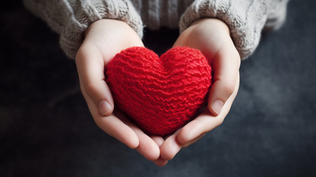Romantic symbol of love and care, Caucasian hands showing red knitted heart.の素材
