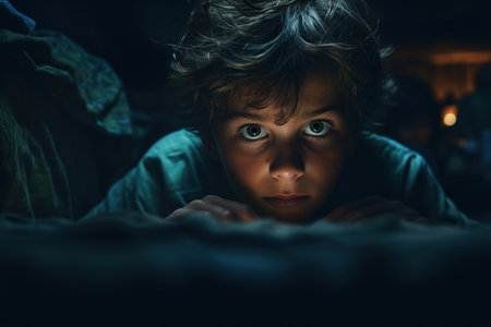 Frightened boy lying in bedroom at night and looking at camera. Abuse, violence, childhood fear and nightmare concept.の素材