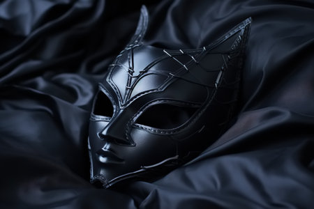 Black cat mask on a dark fabric background. BDSM or masquerade decoration concept.の素材