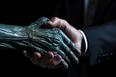 UFO contact science fiction conspiracy theory concept. Close-up of a human hand shaking the paw of a reptile monster or alien.の素材