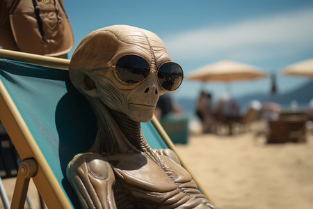 UFO vacation, alien in sunglasses sunbathing on the sea beach on a sunny summer day.の素材