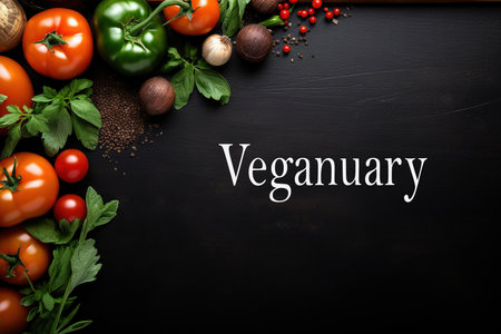 Set of fresh vegetables on a dark background. Veganuary concept.の素材