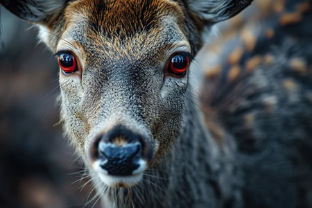 Zombie deer with red eyes outdoors. Animal suffering from Chronic Wasting Disease in the forest.の素材
