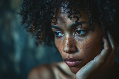 Women feeling, mental health, psychology concept. Portrait of an African American retired woman touching her face with her hands and looking away.の素材