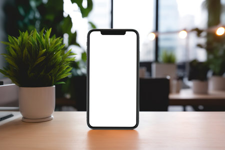 Mobile phone mockup with blank white screen in office, modern smartphone standing on table.の素材