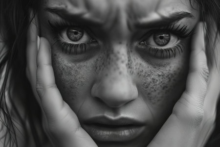 Panic attack, fear and anxiety, female psychology theme. Monochrome portrait of an unhappy frightened woman looking at the camera.の素材