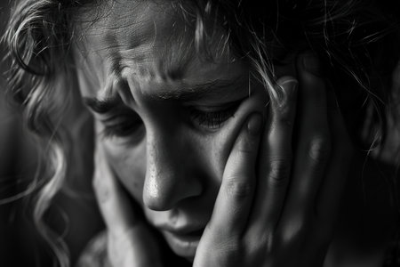 Panic attack, depression, female psychology theme. Monochrome portrait of a sad unhappy woman covering her face with her hands and looking down.の素材