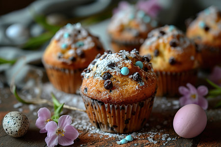 Close-up of traditional Easter muffins and eggs. Delicious sweet dessert.の素材