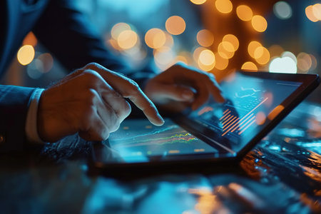 Close-up of business man hands using tablet in office, investor and analyzing charts online. Investments and trading.の素材