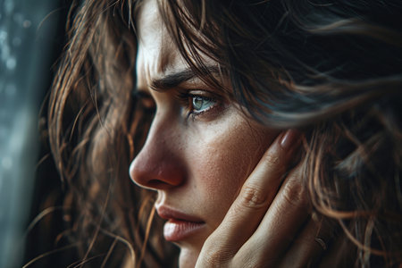 Experience emotion, unhappy lonely woman holding her hands to her face and looking out the window.の素材