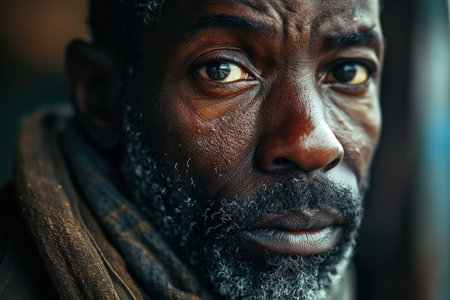 Lonely African American man, emotion feeling. Adult sad man looking at the camera.の素材