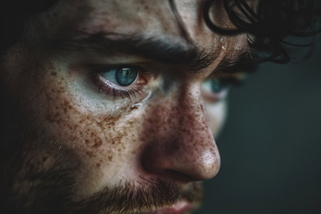 Depression, despair, loneliness. Close-up of a man's face and eyes suffering a sad feeling, looking down.の素材
