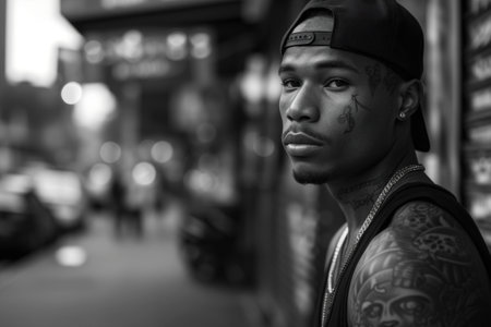 Monochrome portrait of an African-American rapper gangster with tattoos in a ghetto street standing against a wall.の素材