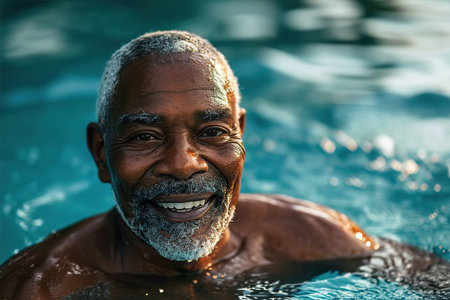 Summer vacation, positive cheerful swimmer African American senior man relaxing in the water in a swimming pool outdoors on a sunny day and looking at the camera.の素材