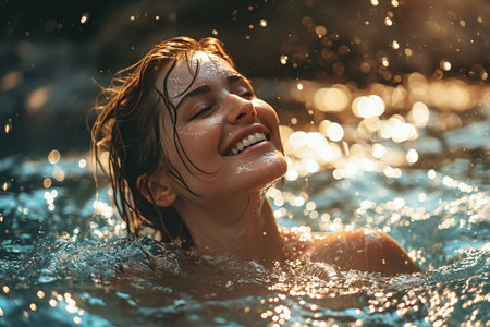 Happy swimming Caucasian young woman in the water on a sunny summer day.の素材