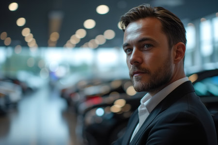 Confident salesperson at a car dealership. Portrait of a man in a suit standing against the background of cars indoors and looking away.の素材