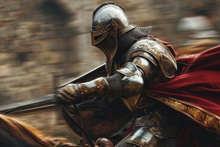 Templar knight on horseback, side view of a medieval warrior in armor and a red cloak galloping to attack on horse.の素材