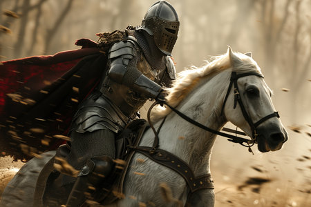 Knight on horseback. A medieval warrior in armor, a helmet and a cloak riding a horse in the forest.の素材