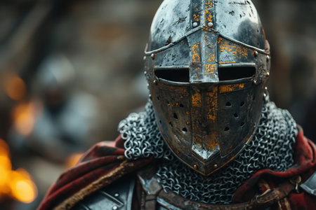 Knight in a helmet, portrait front view of a formidable medieval Templar warrior in steel armor looking at camera.の素材