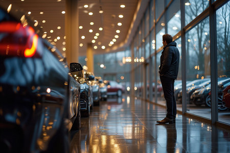 Buying a new car, man buyer client driver standing in a car dealership and looking at vehicles.の素材