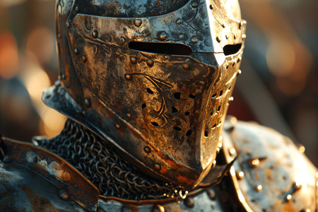 Close-up of a male knight medieval warrior in an iron closed helmet, outdoors.の素材