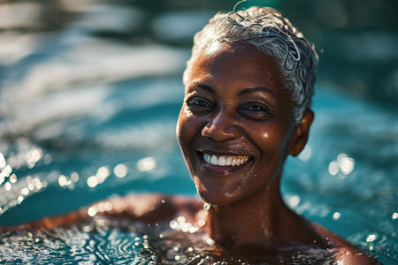Summer holiday, positive cheerful swimmer middle aged African American woman relaxing in water in a swimming pool outdoors on a sunny day and looking at camera.の素材