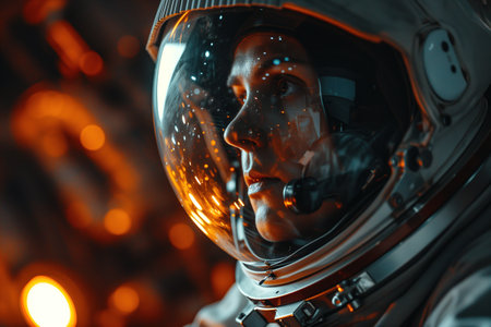 Female astronaut, side view of an adult woman in a spacesuit looking away in spaceの素材