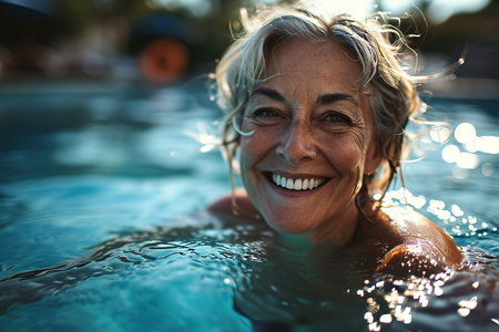Smiling cheerful middle aged bathing woman relaxing in water in an outdoor swimming pool on a sunny day and looking at camera.の素材