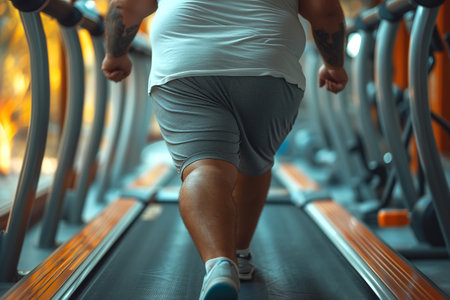 Obesity health problem, back view of a fat overweight man training on a treadmill in the gym.の素材