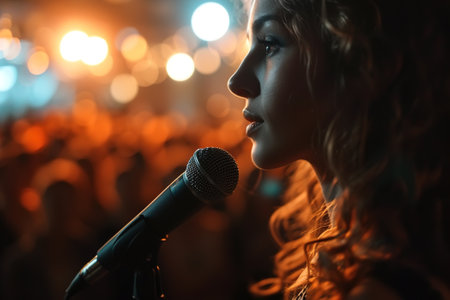 Public speaking, singer or stand-up woman speaks into a microphone on stage.の素材
