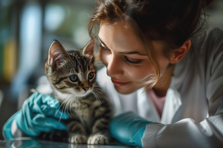 Female veterinarian doctor examining pet kitten in veterinary clinic. Treatment and care of animals.の素材