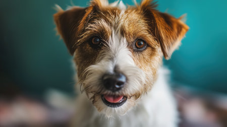 Portrait of a cute dog looking at the camera indoors.の素材