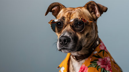 Portrait of a stylish terrier dog with glasses and a summer shirt on a gray background with copy space.の素材