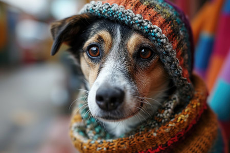 Dog in knitted cozy clothes outdoors.の素材
