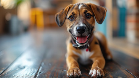 Funny cheerful pet puppy lying on a wooden floor indoors and looking at the camera.の素材
