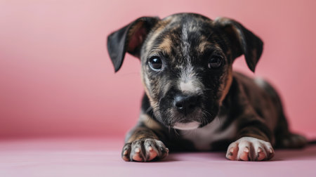 Cute puppy banner with copy space, small pet dog lying on a pink background and looking at camera.の素材