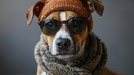 Portrait of a stylish terrier dog with glasses wearing a hat and scarf on a gray background, pet looking at camera.の素材