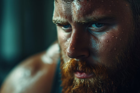 Bodybuilding motivation, portrait of a strong tired sweaty male athlete with a beard in the gym looking away.の素材