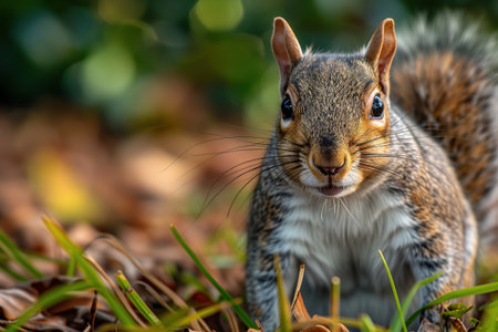 Squirrel on the ground in the forest looking at the camera, wildlife animal.の素材