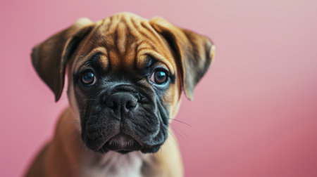 Portrait of a sad dog looking at the camera on a pink banner with copy space.の素材