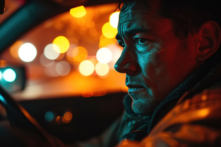 Sad upset adult male driver driving a car looking away at night.の素材