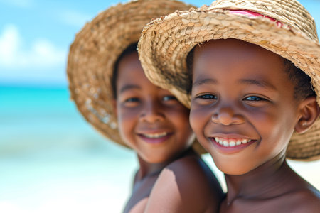 Positive children's portrait. African American smiling children in straw hat relaxing on sea beach on a summer day, childhood vacation.の素材