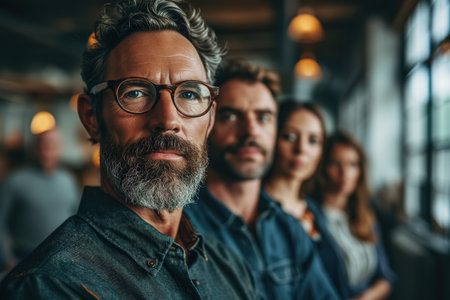 Team of people indoors, portrait of a confident middle-aged man CEO with colleagues standing in office and looking at camera.の素材